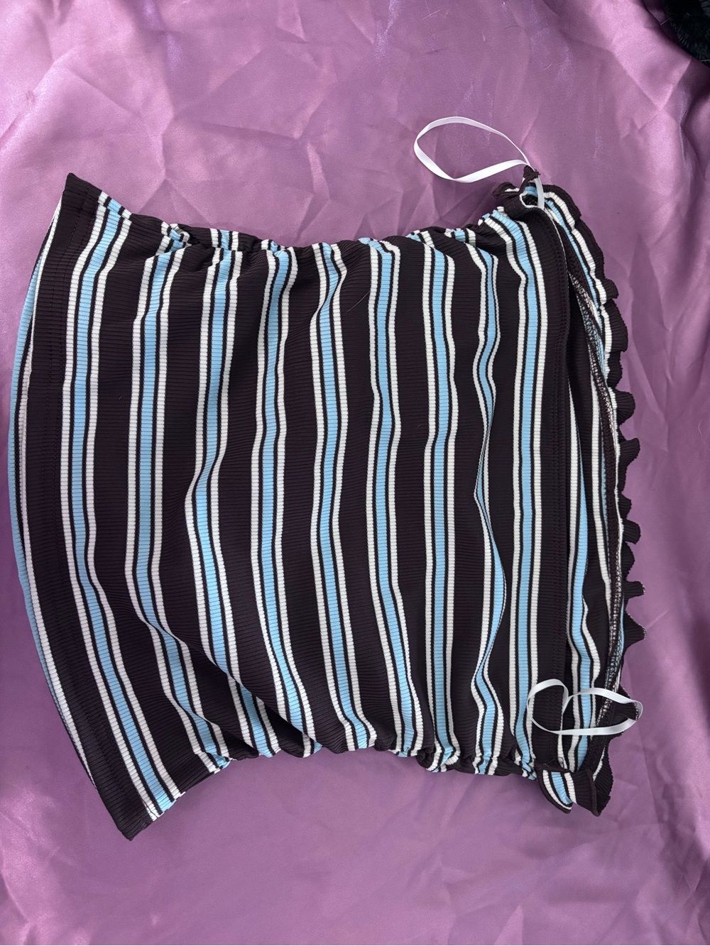 Striped Tube Top with Ruffle Trim - Black, White & Light Blue - Picture 2 of 2
